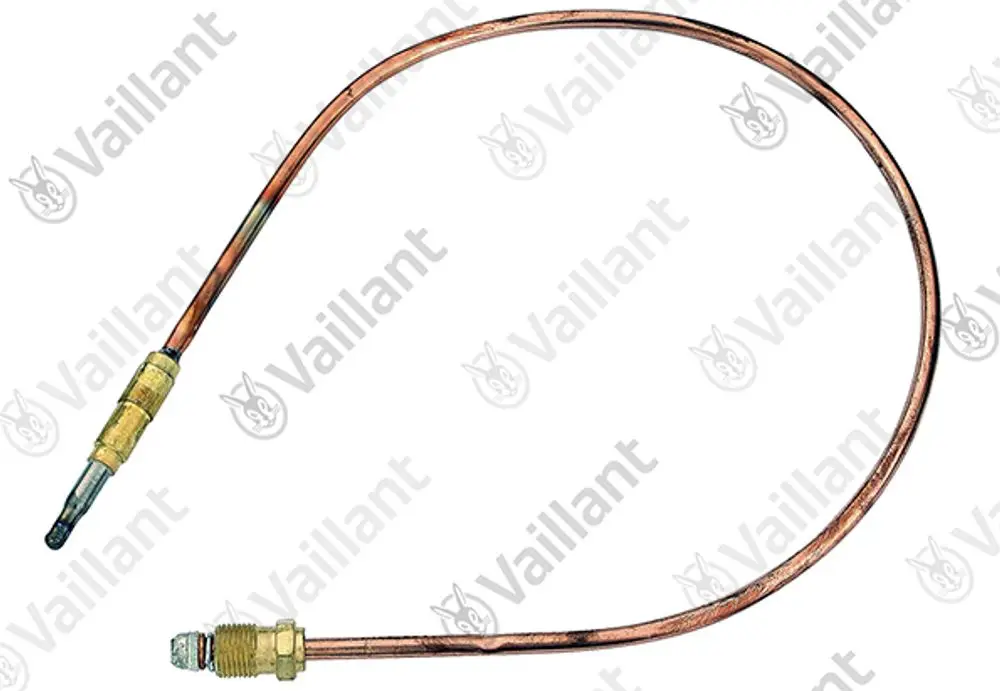 Kupferrohr mit zwei Anschlüssen, einem davon mit Gewinde. Das Produkt ist von der Marke Vaillant und scheint ein Thermoelement für wärmetechnische Anwendungen zu sein.